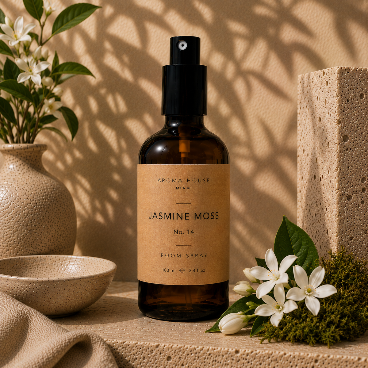 Jasmine Moss room spray in amber glass bottle styled on a stone shelf, Aroma House Miami