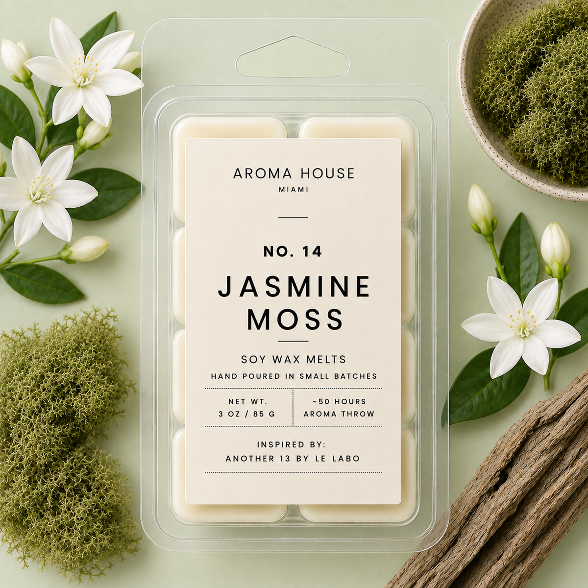 Jasmine Moss soy wax melt clamshell, hand poured in Miami, 3 oz / 85 g
