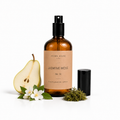 Jasmine Moss room and linen spray by Aroma House Miami, 3.4 fl oz amber glass bottle with pear, ambrette, animalistic musk notes