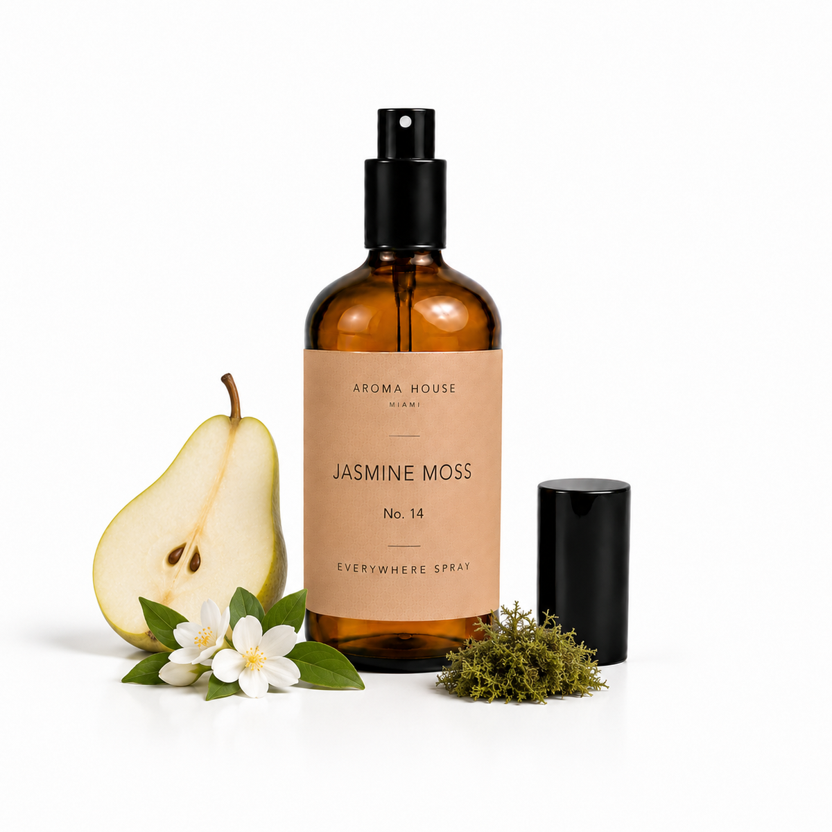 Jasmine Moss room and linen spray by Aroma House Miami, 3.4 fl oz amber glass bottle with pear, ambrette, animalistic musk notes