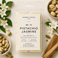 Pistachio Jasmine soy wax melts by Aroma House Miami, 3 oz clamshell surrounded by almond, heliotrope, vanilla