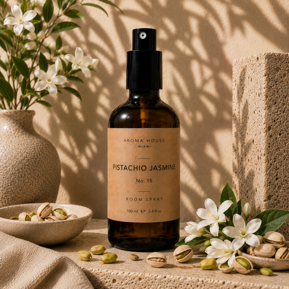 Pistachio Jasmine room spray in amber glass bottle styled on a stone shelf, Aroma House Miami