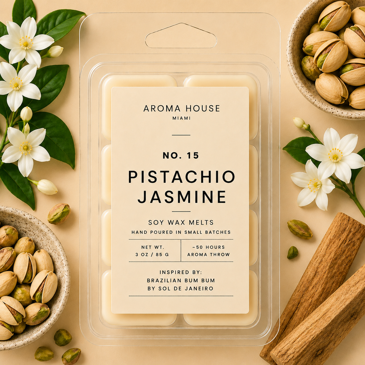 Pistachio Jasmine soy wax melt clamshell, hand poured in Miami, 3 oz / 85 g