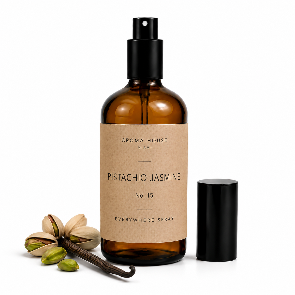 Pistachio Jasmine room and linen spray by Aroma House Miami, 3.4 fl oz amber glass bottle with almond, heliotrope, vanilla notes