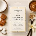 Coconut Caramel soy wax melts by Aroma House Miami, 3 oz clamshell surrounded by coconut, caramel, coffee