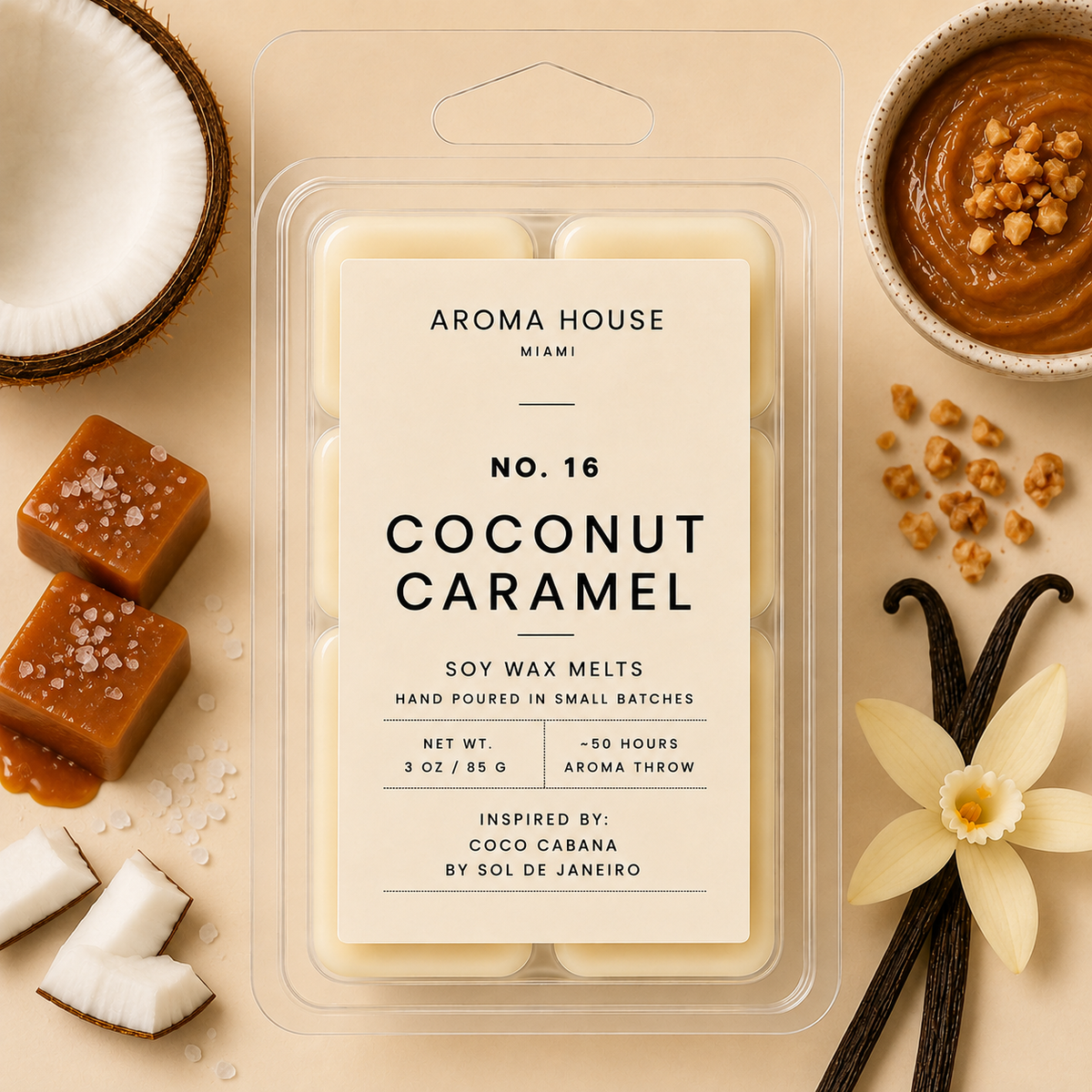 Coconut Caramel soy wax melt clamshell, hand poured in Miami, 3 oz / 85 g
