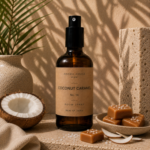 Coconut Caramel room spray in amber glass bottle styled on a stone shelf, Aroma House Miami