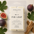 Fig Leaf soy wax melts by Aroma House Miami, 3 oz clamshell surrounded by fig leaf, fig fruit, fig wood