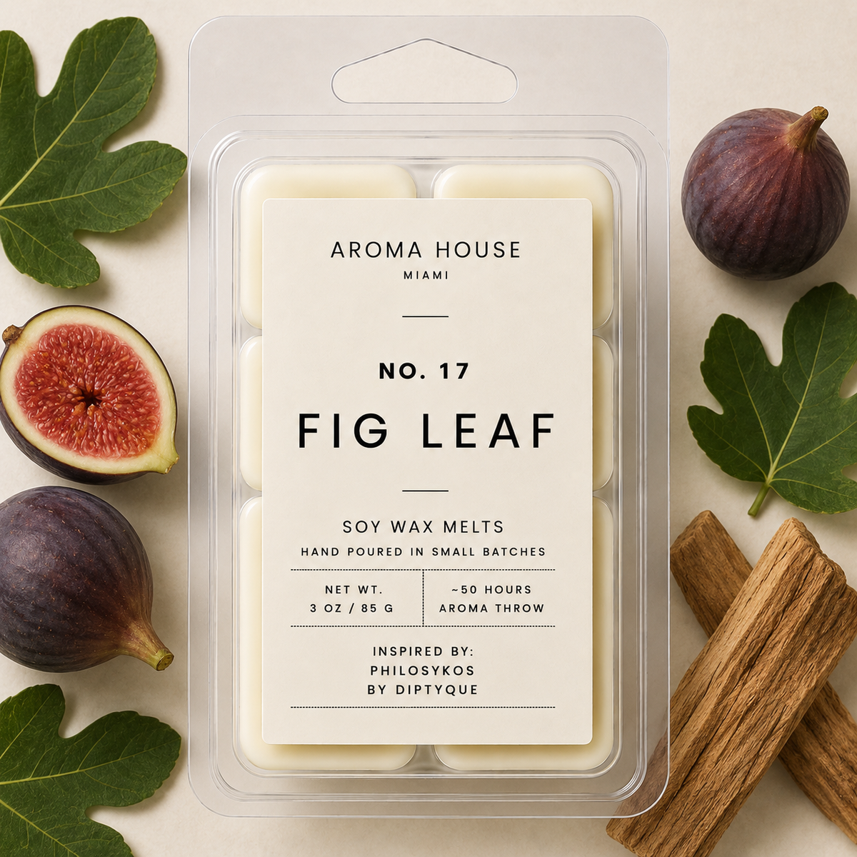 Fig Leaf soy wax melts by Aroma House Miami, 3 oz clamshell surrounded by fig leaf, fig fruit, fig wood