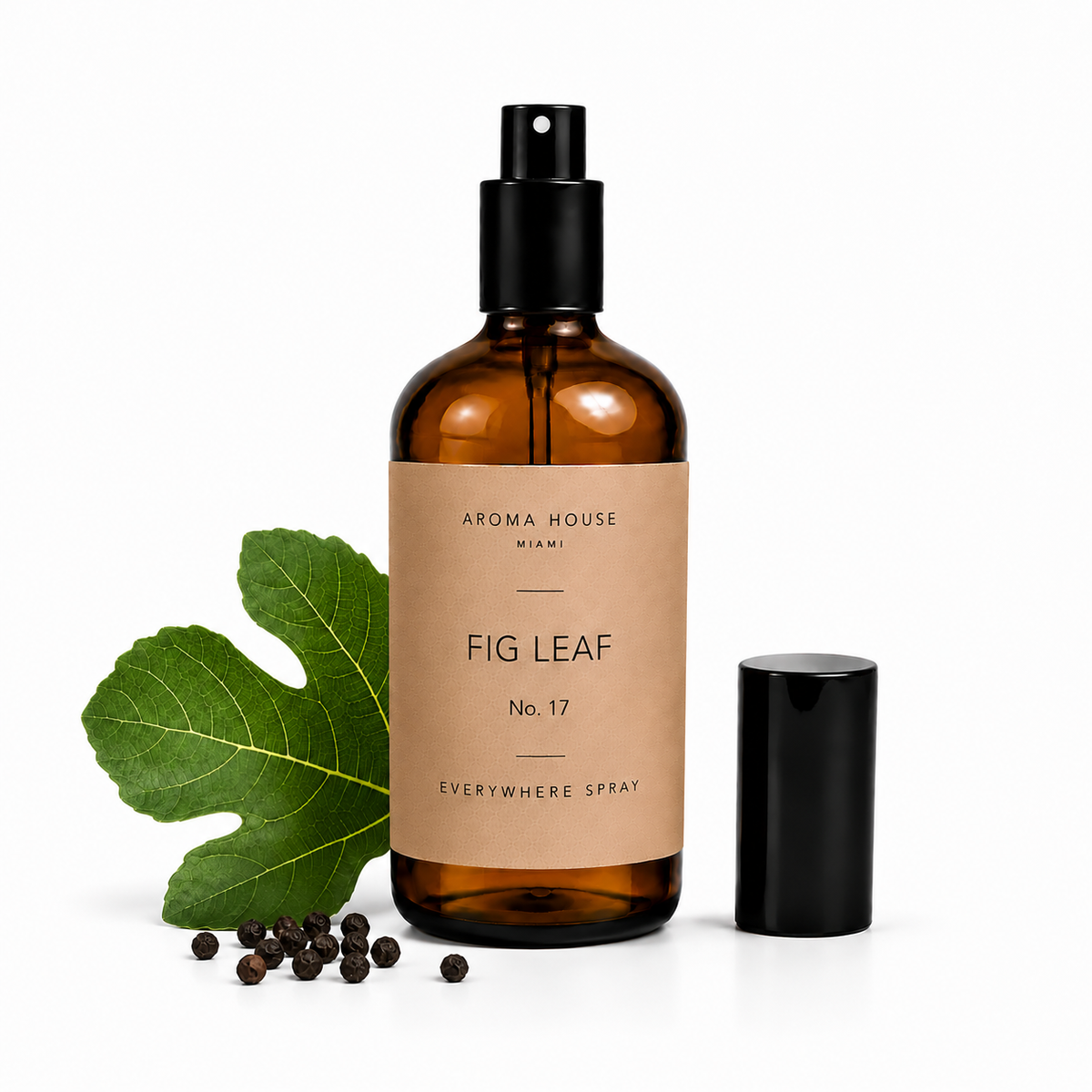 Fig Leaf room and linen spray by Aroma House Miami, 3.4 fl oz amber glass bottle with fig leaf, fig fruit, fig wood notes
