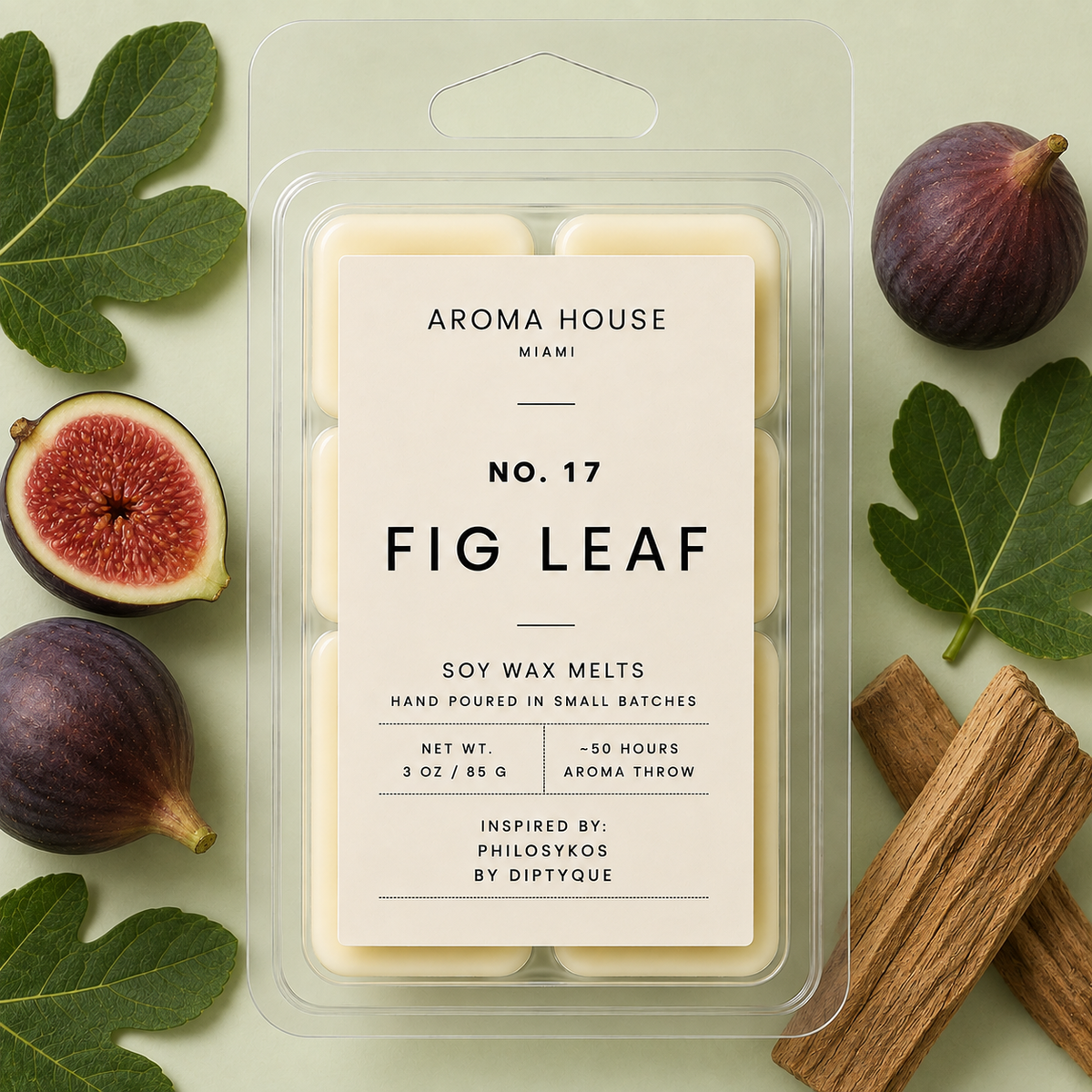 Fig Leaf soy wax melt clamshell, hand poured in Miami, 3 oz / 85 g