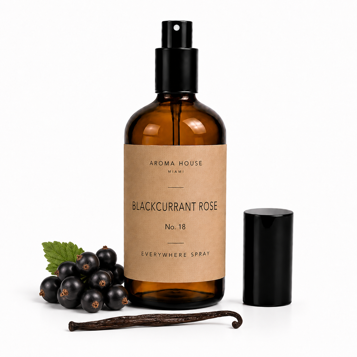 Blackcurrant Rose room and linen spray by Aroma House Miami, 3.4 fl oz amber glass bottle with blackcurrant leaf, blackcurrant fruit, vanilla notes