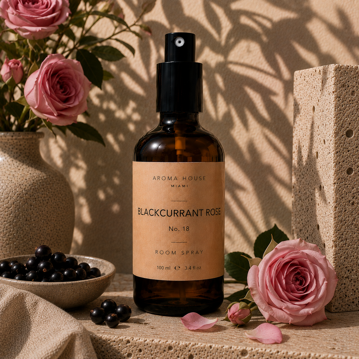 Blackcurrant Rose room spray in amber glass bottle styled on a stone shelf, Aroma House Miami