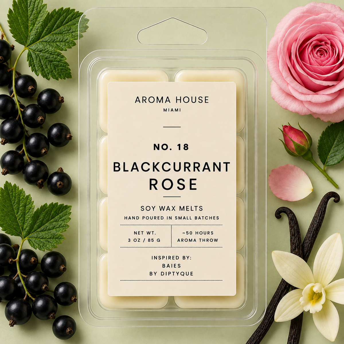 Blackcurrant Rose soy wax melt clamshell, hand poured in Miami, 3 oz / 85 g