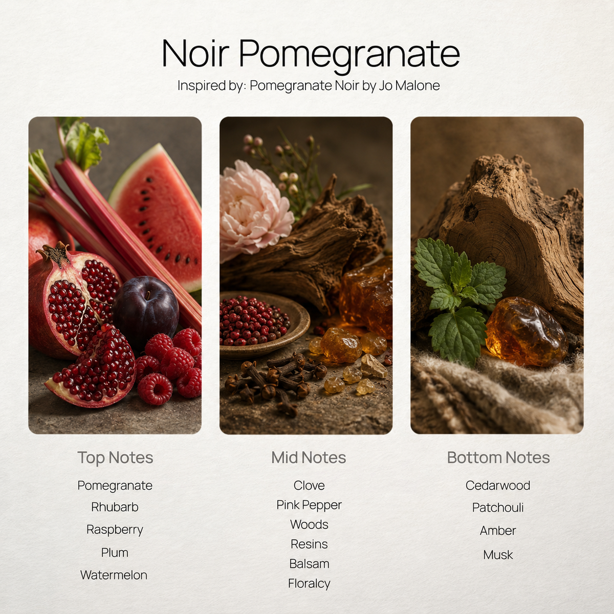 Noir Pomegranate scent notes chart: pomegranate, clove, cedarwood