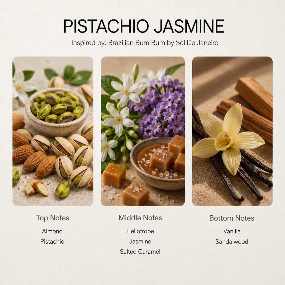 Pistachio Jasmine scent notes chart: almond, heliotrope, vanilla