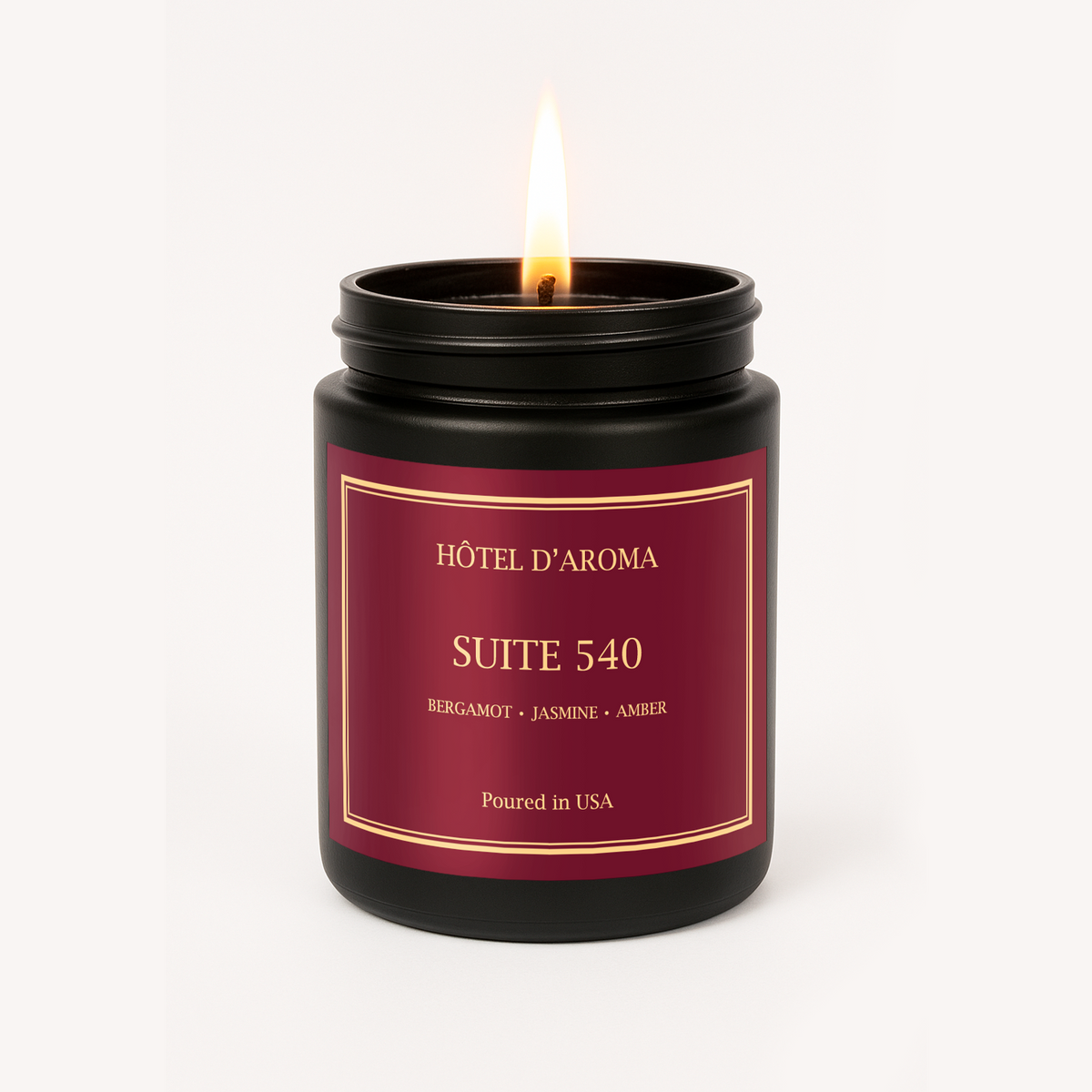 Suite 540 9 oz soy wax candle in matte black jar, Hôtel d'Aroma collection by Aroma House Miami, bergamot, jasmine, amber