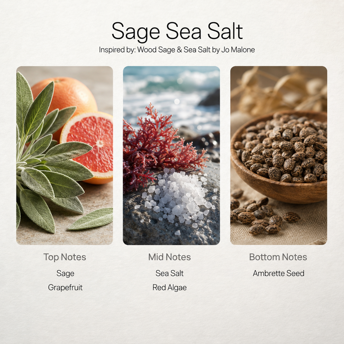 Sage Sea Salt scent notes chart: sage, sea salt, ambrette seed