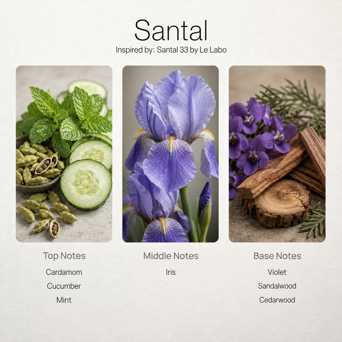 Santal scent notes chart: cardamom, iris, violet