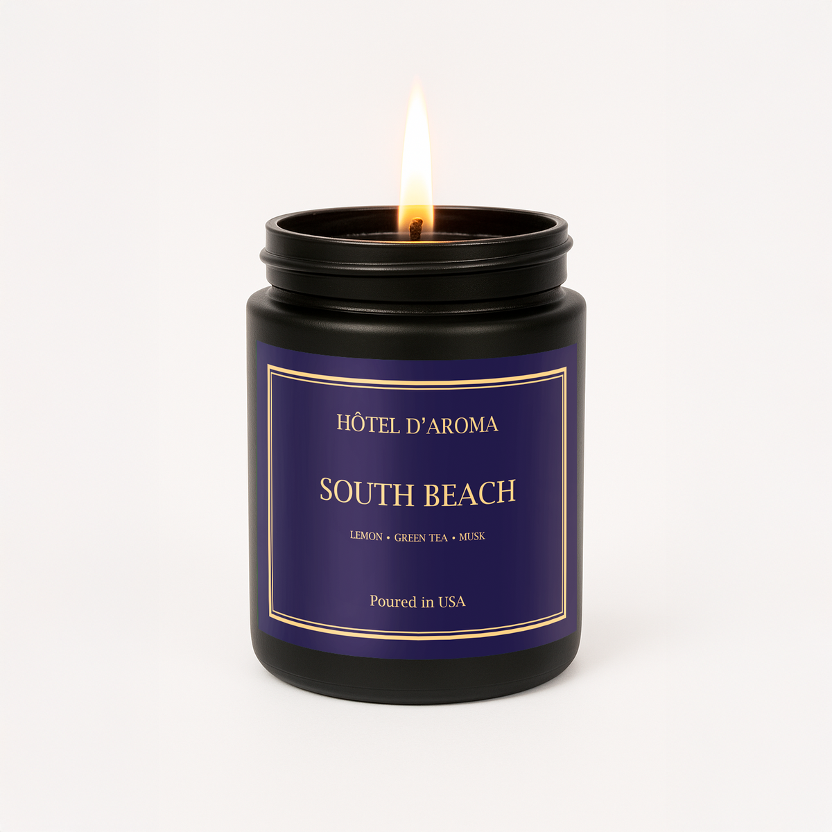 South Beach 9 oz soy wax candle in matte black jar, Hôtel d'Aroma collection by Aroma House Miami, lemon, green tea, musk