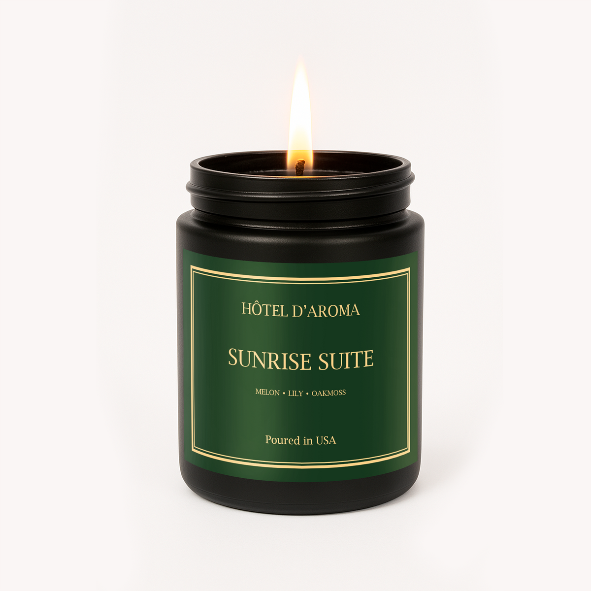 Sunrise Suite 9 oz soy wax candle in matte black jar, Hôtel d'Aroma collection by Aroma House Miami, melon, lily, oakmoss