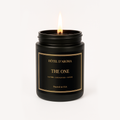 The One 9 oz soy wax candle in matte black jar, Hôtel d'Aroma collection by Aroma House Miami, leather, sandalwood, vetiver